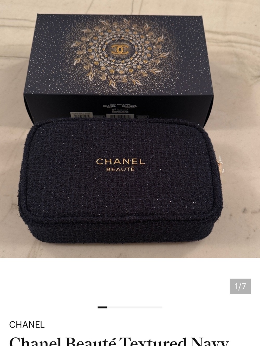 CHANEL Navy Tweed Beauté Pouch with Gold Lettering